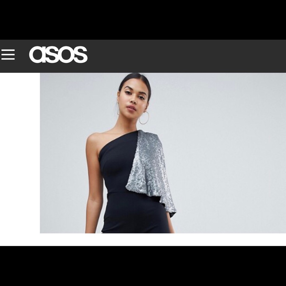 Black jumpsuit w/one shoulder gray sequin cape